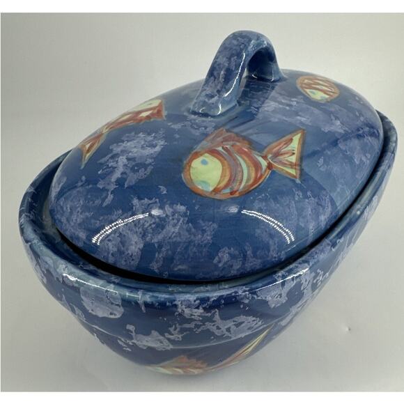Bowl w/Lid Evandale Porcelain Handpainted Fish Design Blue 9” L x 5.25”W x 5.5”T - Picture 7 of 14